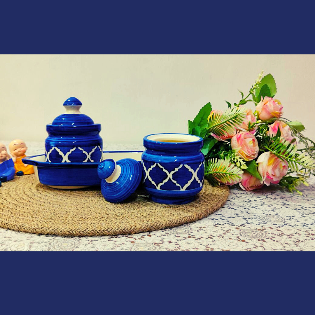 Homefrills Handpainted Multi-Utility Storage Ceramic Jars & Containers with Lid & Tray for Kitchen & Dinning Table Snacks/Chutney/Pickle Serving jar set(2 jars with Lid & 1 Tray) Colour-Blue